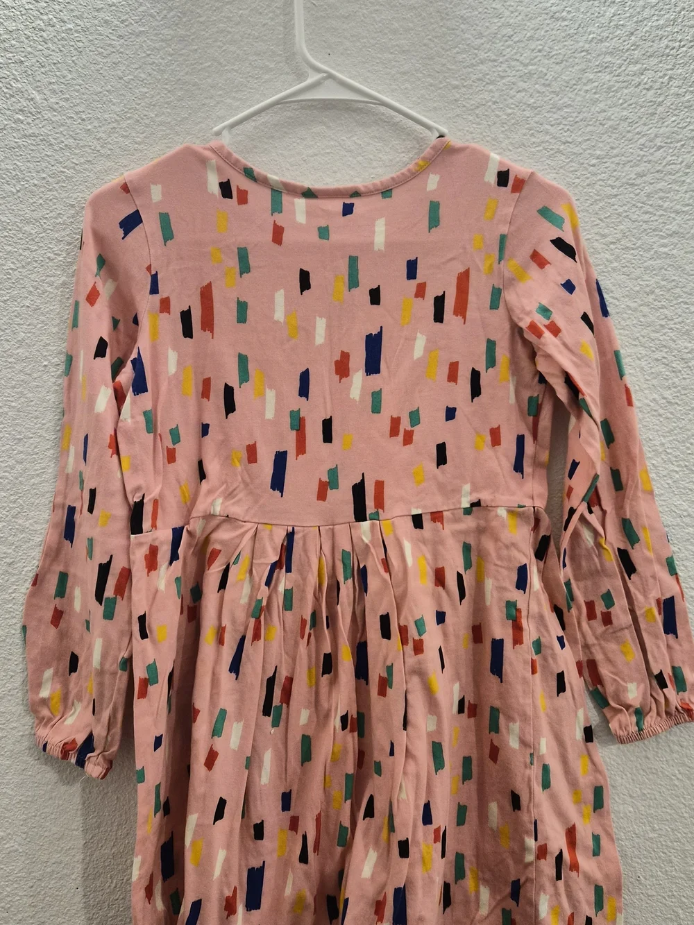 Kids Long Sleeve Pink Confetti Dress with Teal Bow size 140